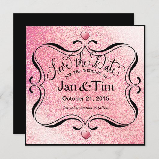 Trendy Glitter Shimmer sparen de Datum | roze zwar Save The Date (Voorkant / Achterkant)