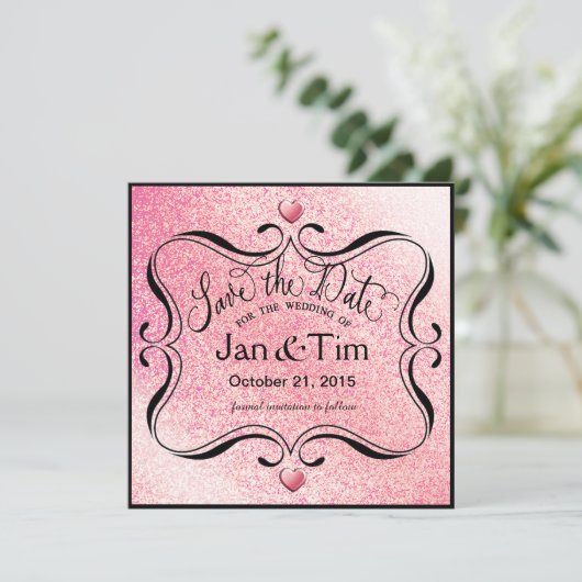 Trendy Glitter Shimmer sparen de Datum | roze zwar Save The Date (Staand voorkant)