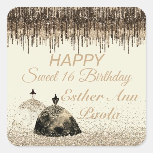 Trendy Gold Ball Gown Sweet 16 Birthday Drips Vierkante Sticker (Voorkant)