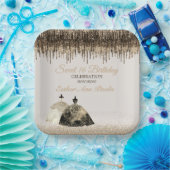 Trendy Gold Ball Gown Sweet 16 Birthday Spark Drip Papieren Bordje (Feest)