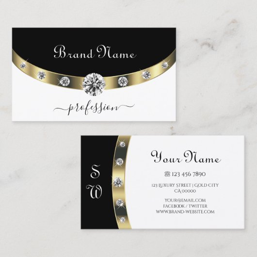 Trendy Gold Black en White Initialen en diamanten Visitekaartje (Voorkant / Achterkant)