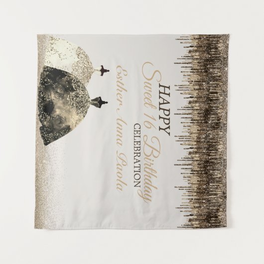 Trendy Gold Brown Drips Ballgown Sweet 16 Birthday Wandkleed (Voorkant (horizontaal))