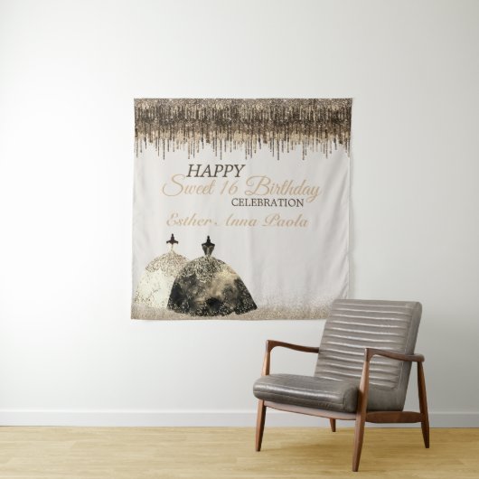 Trendy Gold Brown Drips Ballgown Sweet 16 Birthday Wandkleed (In situ)