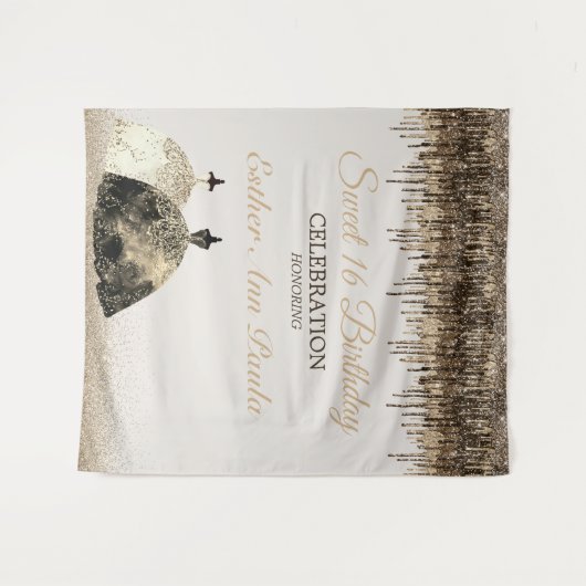 Trendy Gold Brown Drips Ballgown Sweet 16 Birthday Wandkleed (Voorkant (horizontaal))