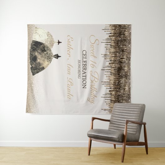 Trendy Gold Brown Drips Ballgown Sweet 16 Birthday Wandkleed (In Situ (horizontaal))