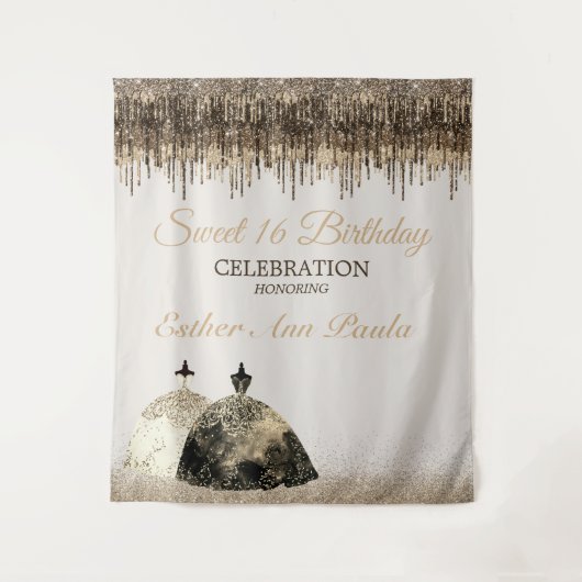 Trendy Gold Brown Drips Ballgown Sweet 16 Birthday Wandkleed (Voorkant)