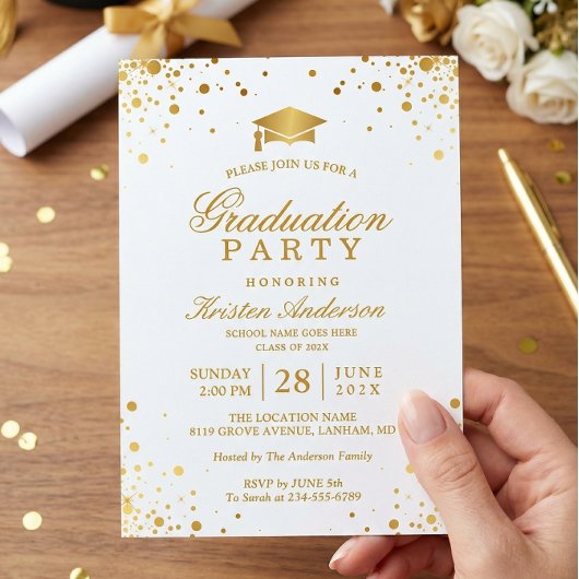 Trendy Gold Confetti Stippen GraduPartij Foto Kaart