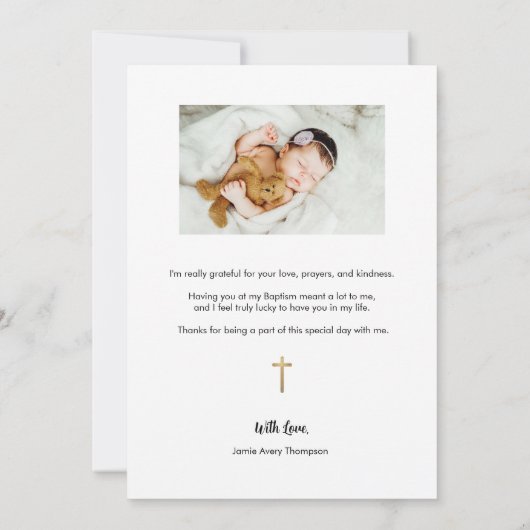 Trendy Gold Cross Modern Baby Meisje Foto's Doop Bedankkaart (Achterkant)