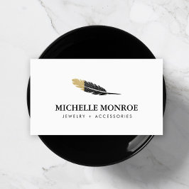 Trendy Gold Dipped Boho Feather Designer Wit Visitekaartje