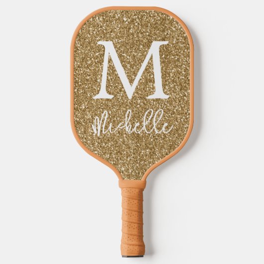 Trendy Gold Faux Glitter Monogram Initiaal Name Pickleball Paddle (Voorkant)