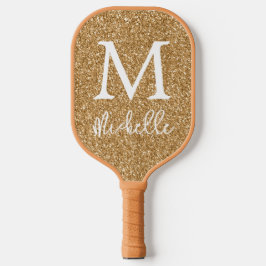 Trendy Gold Faux Glitter Monogram Initiaal Name Pickleball Paddle