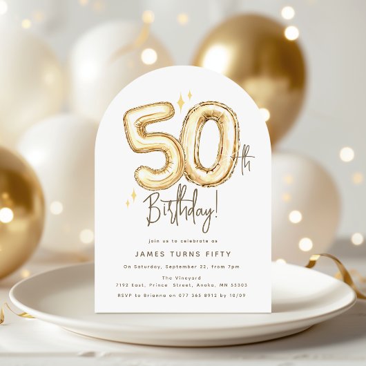 Trendy Gold Fifty Balloons 50th Birthday Party Kaart