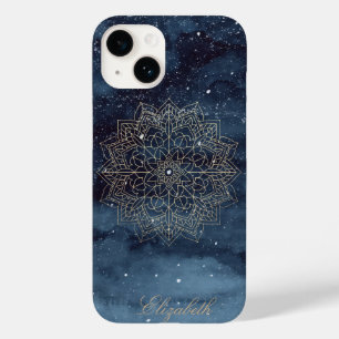 Trendy Gold Floral Mandala Navy Blue Case-Mate iPhone 14 Hoesje