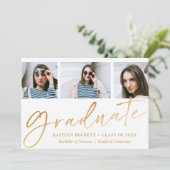 Trendy Gold Foil Script 3 Foto Afstuderen Aankondiging (Staand voorkant)