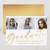 Trendy Gold Foil Script 3 Foto Afstuderen Aankondiging (Voorkant / Achterkant)