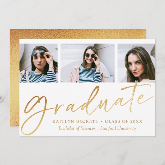 Trendy Gold Foil Script 3 Foto Afstuderen Aankondiging (Voorkant / Achterkant)