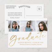 Trendy Gold Foil Script 3 Foto Afstuderen Aankondigingskaart (Voorkant / Achterkant)