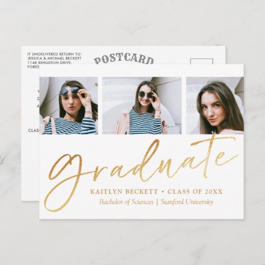 Trendy Gold Foil Script 3 Foto Afstuderen Aankondigingskaart (Voorkant / Achterkant)