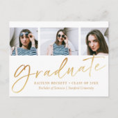 Trendy Gold Foil Script 3 Foto Afstuderen Aankondigingskaart (Voorkant)