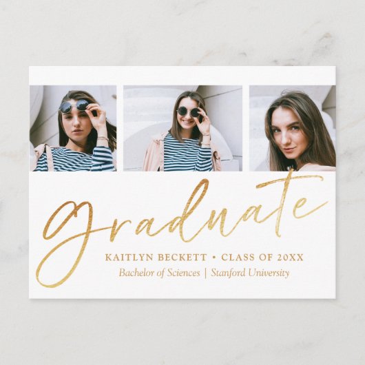 Trendy Gold Foil Script 3 Foto Afstuderen Aankondigingskaart (Voorkant)