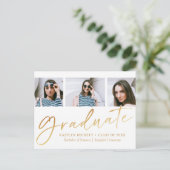 Trendy Gold Foil Script 3 Foto Afstuderen Aankondigingskaart (Staand voorkant)