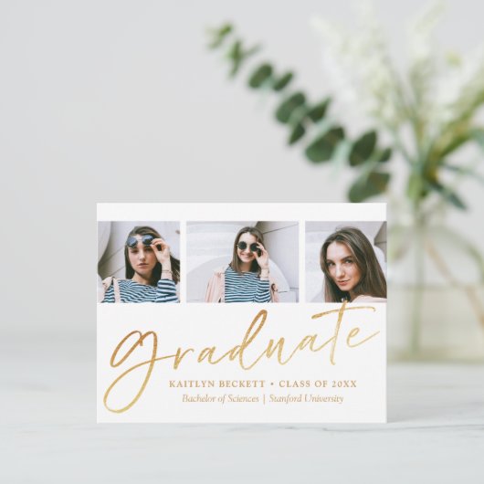 Trendy Gold Foil Script 3 Foto Afstuderen Aankondigingskaart (Staand voorkant)