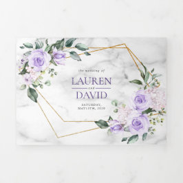 Trendy Gold Geometric Lila Floral Marble Drieluik Uitnodiging