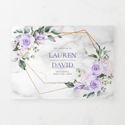 Trendy Gold Geometric Lila Floral Marble Drieluik Uitnodiging (Cover)