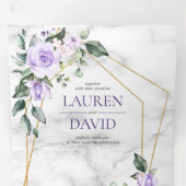Trendy Gold Geometric Lila Floral Marble Drieluik Uitnodiging (Binnenzijde eerst)