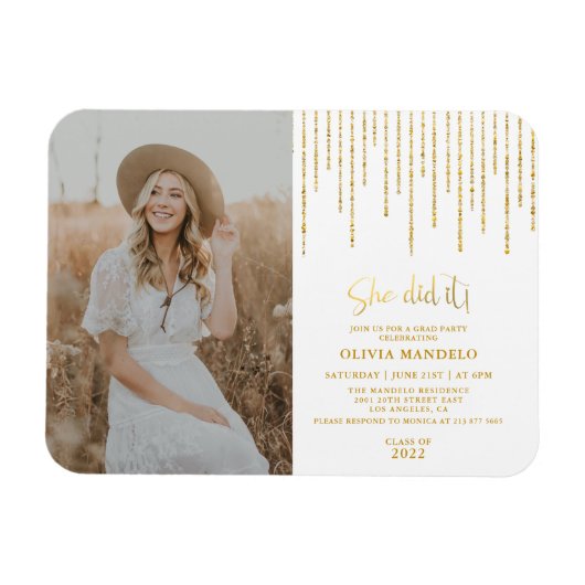 Trendy Gold Glitter Afstudeerder Party Photo Invit Magneet (Horizontaal)