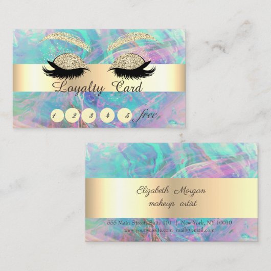 Trendy Gold Glitter Faux Lashes Opal Iridescence Klantenkaartje (Voorkant / Achterkant)