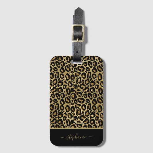 Trendy Gold Glitter Leopard Animal Print Monogram Bagagelabel (Voorkant (verticaal))
