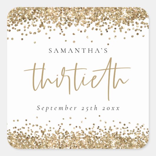 Trendy Gold Glitter Naam Datum Dertigste Vierkante Sticker (Voorkant)