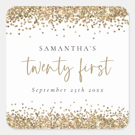 Trendy Gold Glitter Name Date 21e Vierkante Sticker (Voorkant)