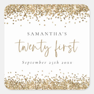 Trendy Gold Glitter Name Date 21th First Party Vierkante Sticker