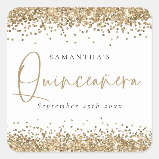 Trendy Gold Glitter Name Date Quinceañera Party Vierkante Sticker (Voorkant)