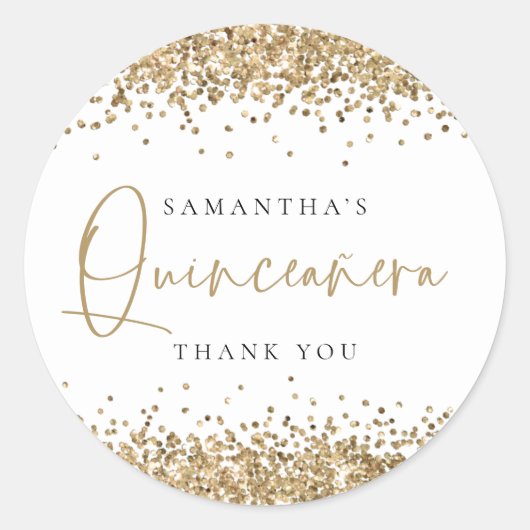 Trendy Gold Glitter Name Quinceañera Hartelijk dan Ronde Sticker (Voorkant)