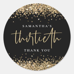Trendy Gold Glitter Name Thirtieth Bedankt Black Ronde Sticker