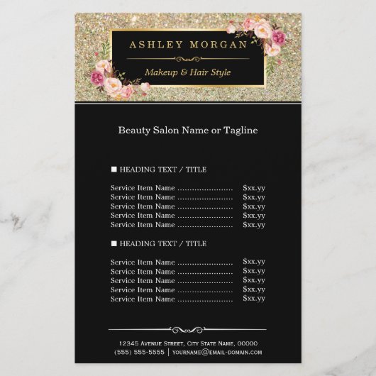 Trendy Gold Glitter Sparking Girly Floral Flyer (Voorkant)