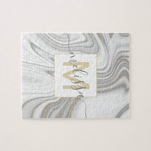 Trendy gold glitter sparkle marmer monogram legpuzzel (Horizontaal)