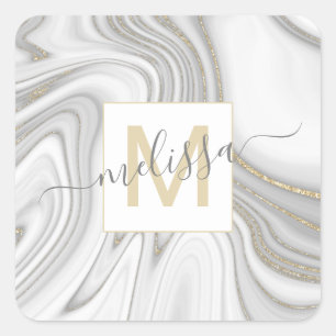 Trendy gold glitter sparkle marmer monogram vierkante sticker