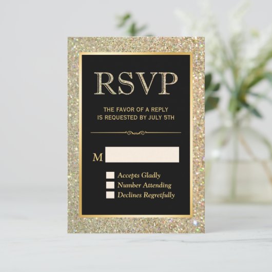Trendy Gold Glitter Sparkles RSVP Response Kaart (Staand voorkant)