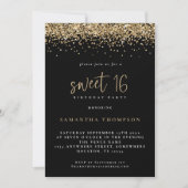 Trendy Gold Glitter Sweet 16 Birthday Black Kaart (Voorkant)