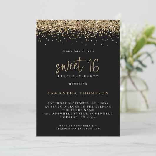 Trendy Gold Glitter Sweet 16 Birthday Black Kaart (Staand voorkant)