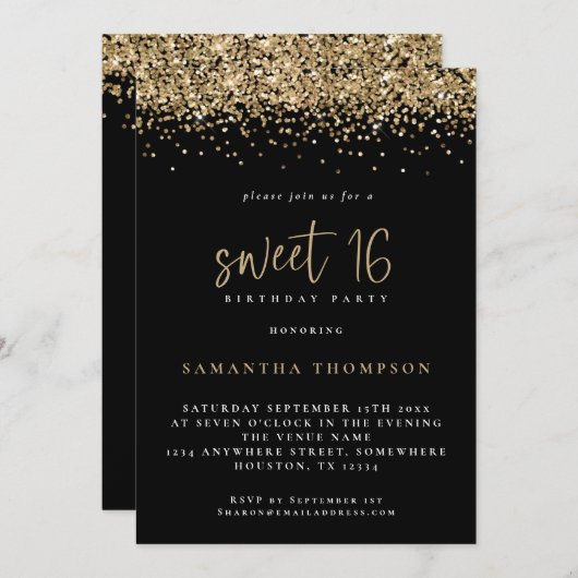 Trendy Gold Glitter Sweet 16 Birthday Black Kaart (Voorkant / Achterkant)