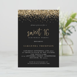 Trendy Gold Glitter Sweet 16 Birthday Black Kaart