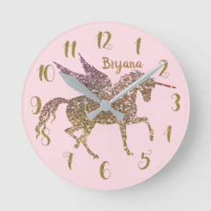 Trendy Gold Glitter Unicorn Pegasus ANY COLOR Ronde Klok