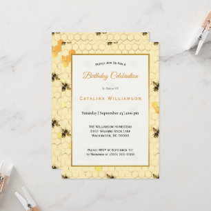Trendy Gold Honeycomb Bee Birthday Kaart