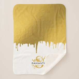 Trendy Gold Metallic Drivers Script Monogram Sherpa Deken