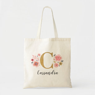 Trendy Gold Monogram Initiaal Letter "C" Floral Tote Bag